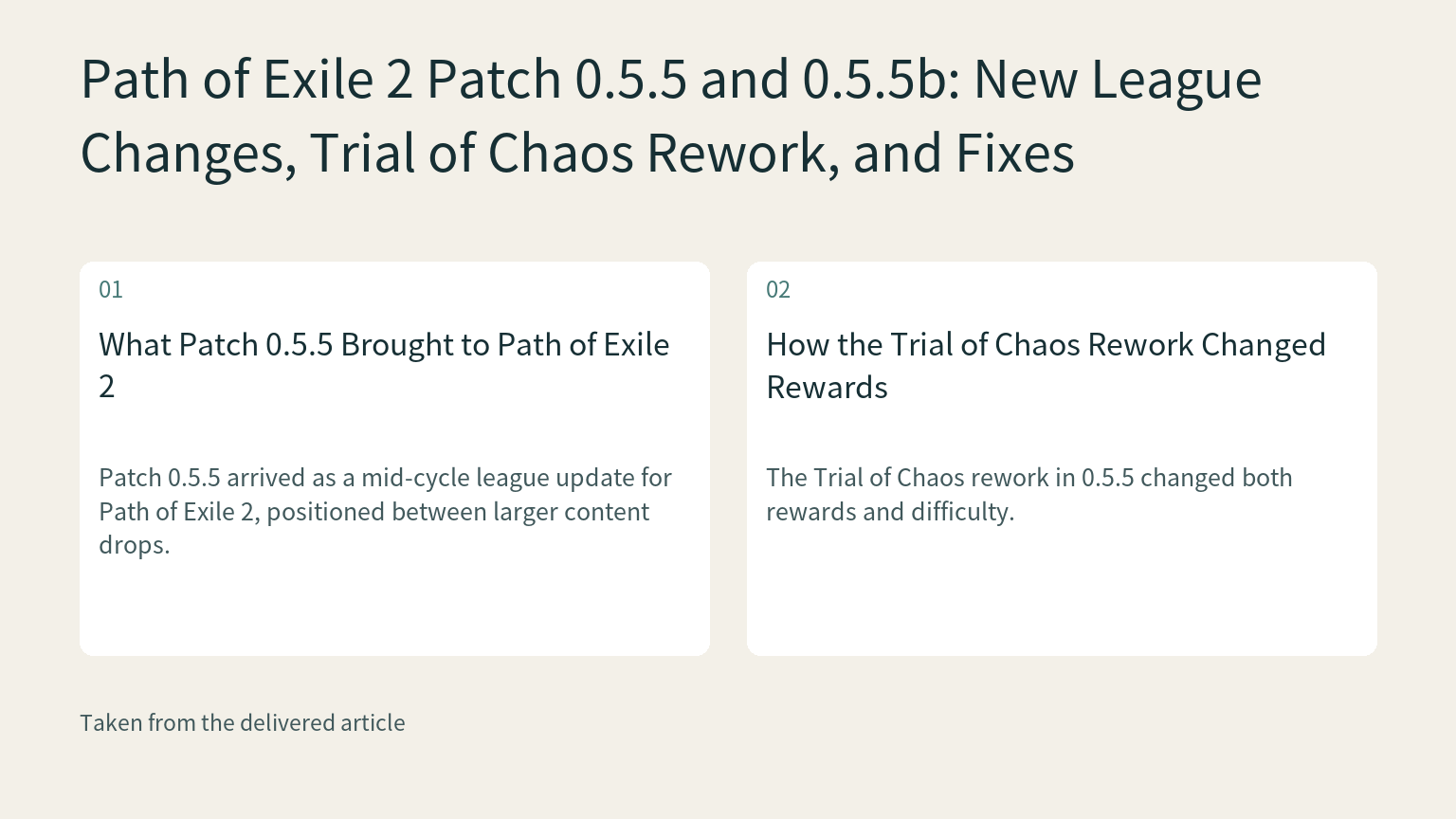 Visual explanation: Patch 0.5.5 arrived as a mid-cycle league update for Path of Exile 2, positioned between larger content drops.